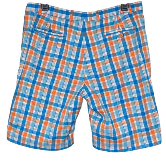 Slazenger Men's 38 Orange Blue Vibrant Plaid Check Golf Flat Front Shorts - Picture 2 of 5